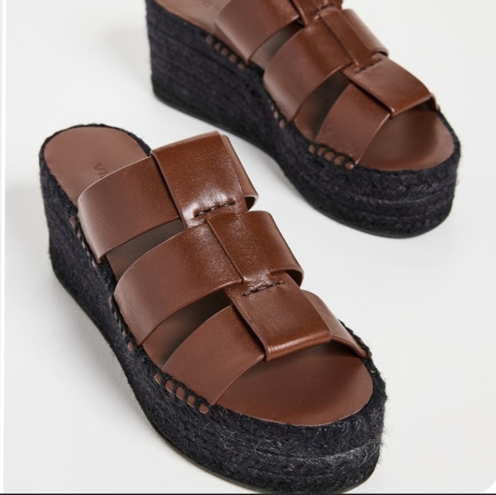 Vince Sabella Wedge Slides Sandal Brown Black Slip In Espadrill Fishermans